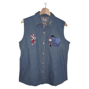Vintage Disney Store Denim Shirt Eeyore Piglet Embroidered Sleeveless Large